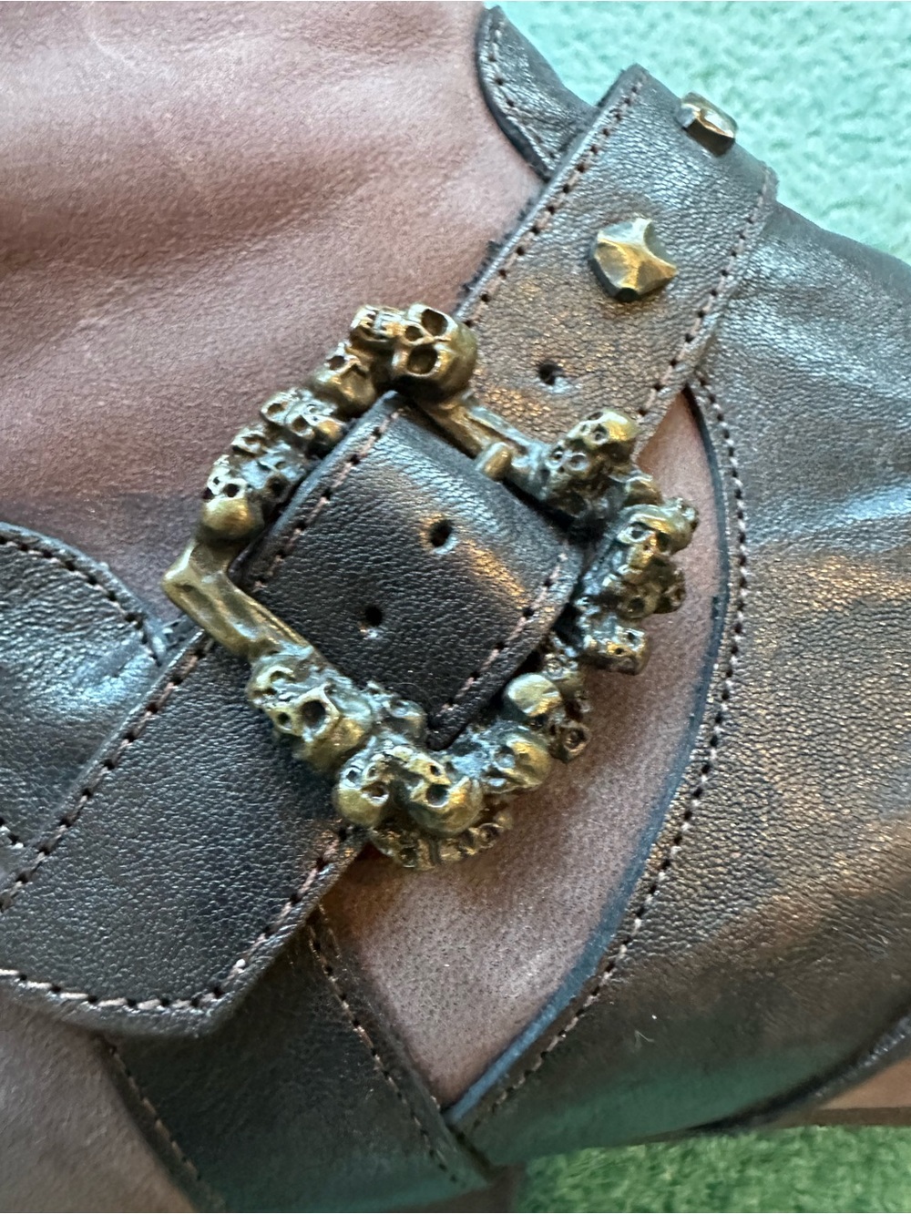 Fluevog LIKE NEW Truth Spencer chocolate brown skull buckle mid-calf boot - 7 - Picture 11 of 16